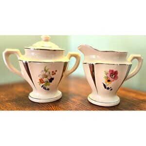 Vintage Flowers W/ Platinum Trim by Porcelier Floral Creamer & Sugar Set With Li